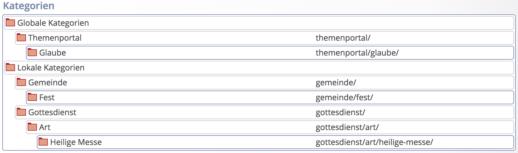 Anzeige der Kategorien nach global und lokal getrennt