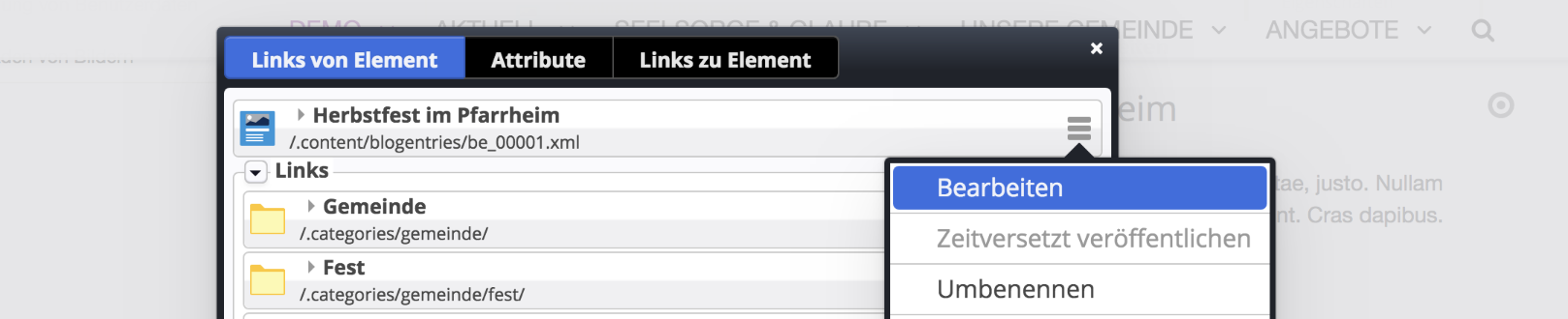 Inhalte über den Info Dialog bearbeiten