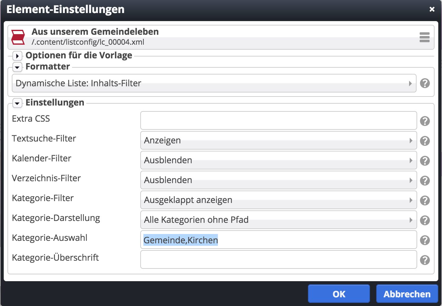 Nur die Kategorie Gemeinde und Unterkategorien werden angezeigt