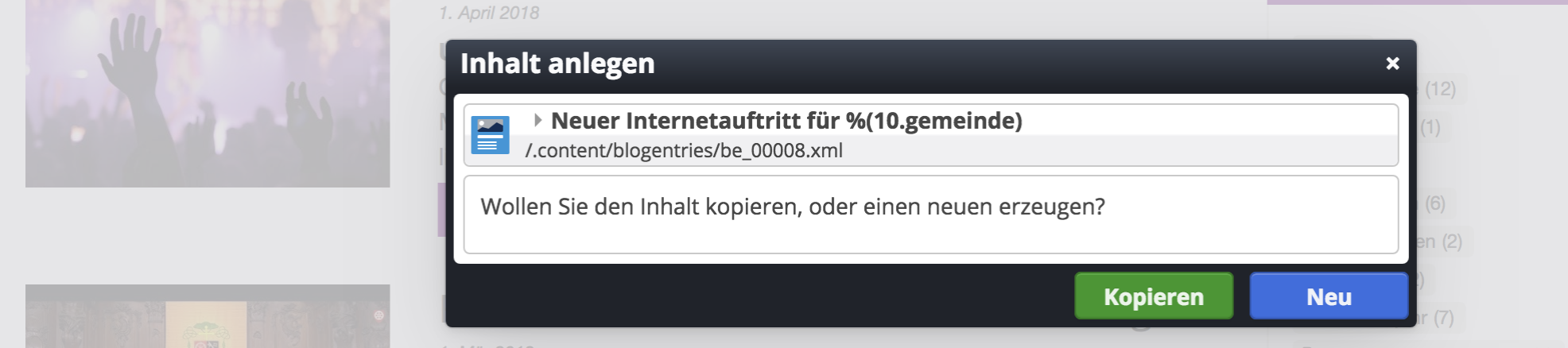 Neu anlegen von Inhalten über eine Liste