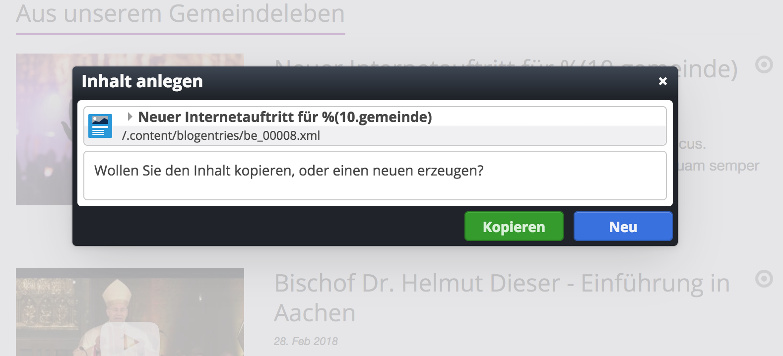 Kategorien des bestehenden Inhalts werden übernommen, wenn sie Kopieren wählen