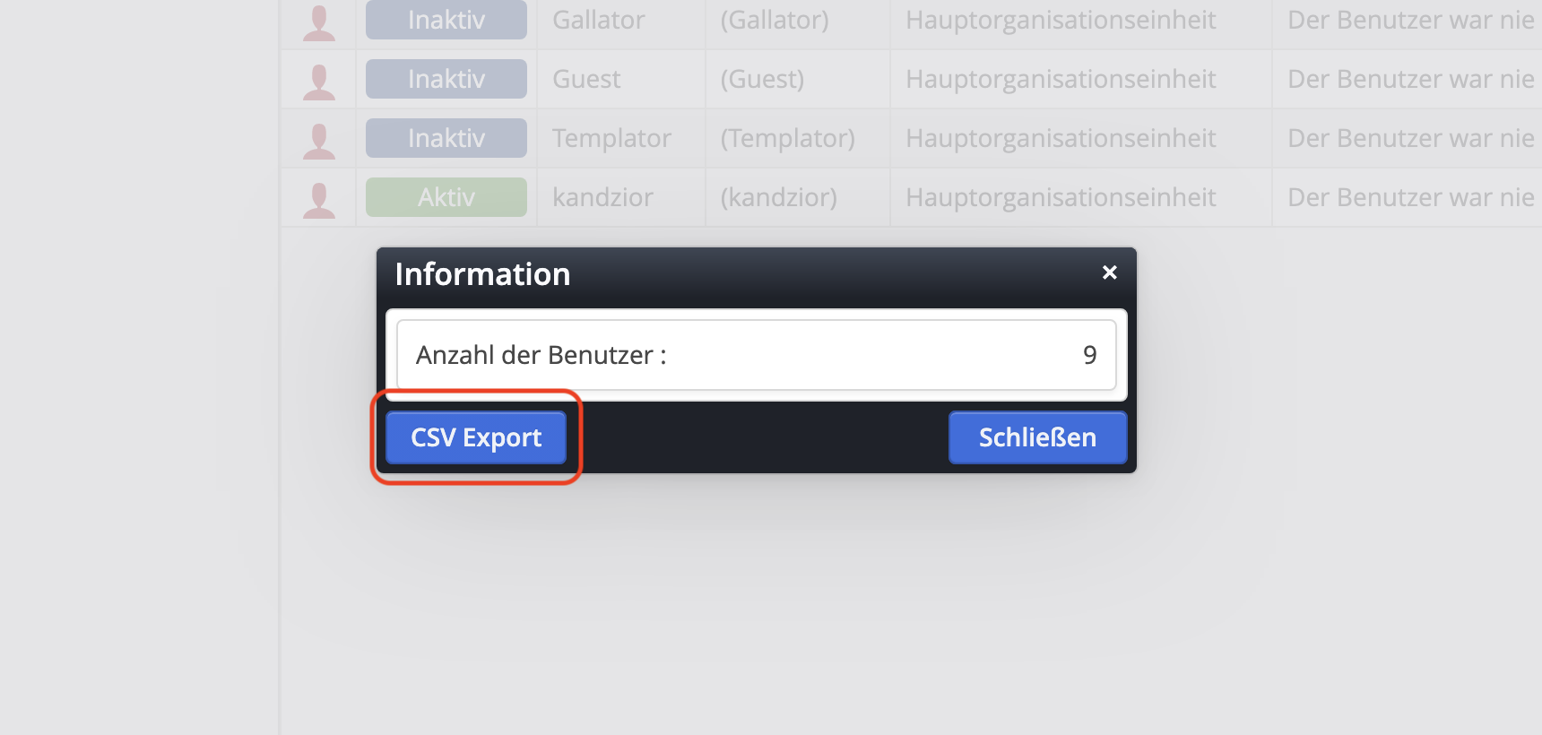 Export der Benutzuerdaten über den Info-Dialog