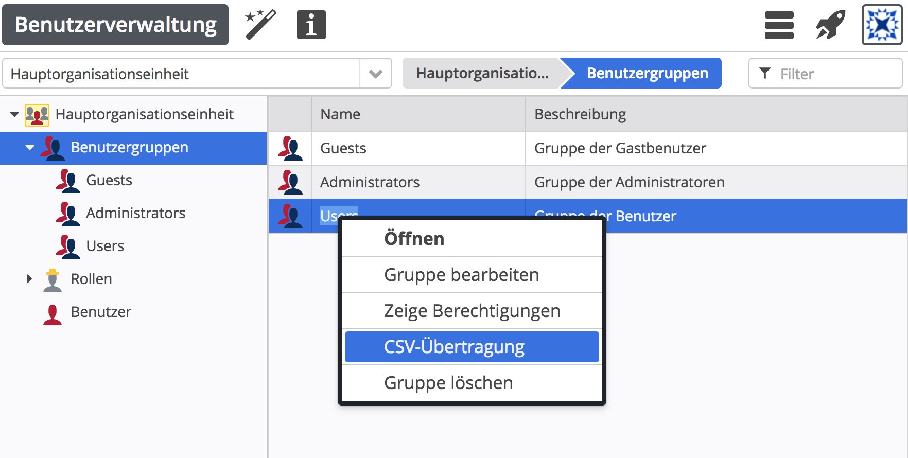 Kontextmenü für die CSV-Übertragung