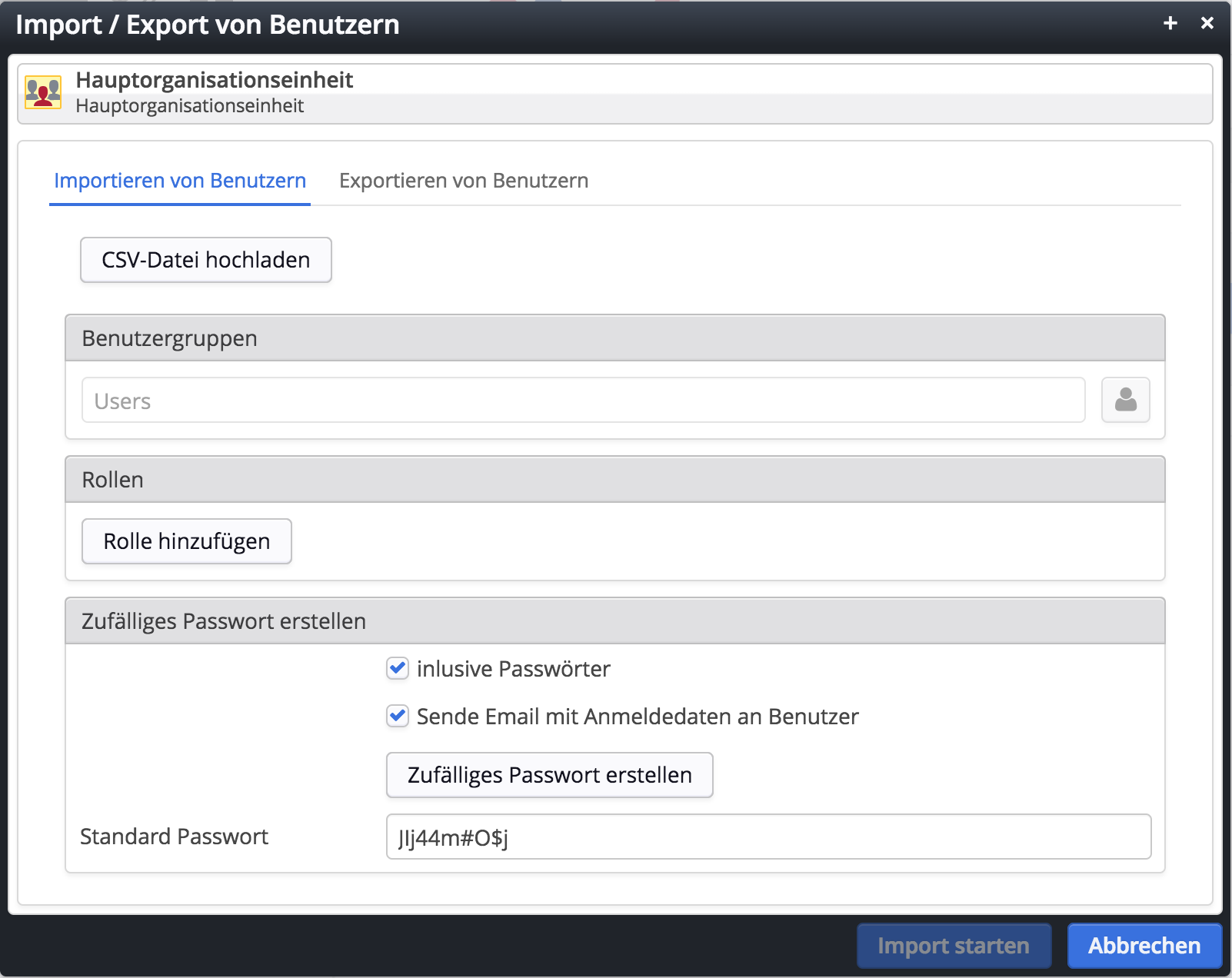 Dialog für die Benutzer-Importfunktion