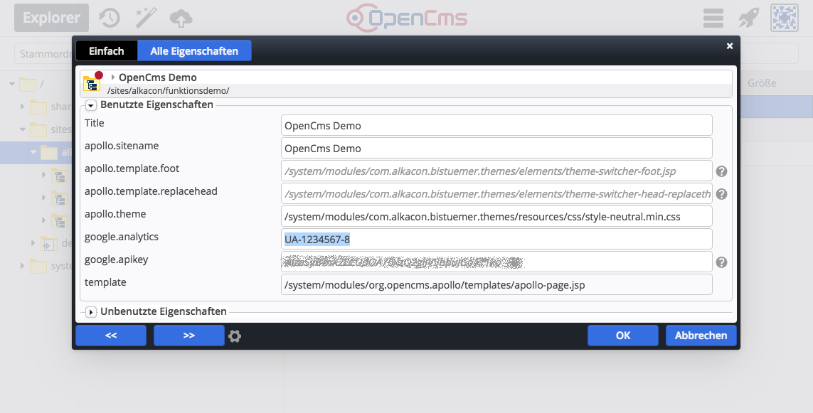 Setzten der Google Tracking-ID in der Eigenschaft google.analytics