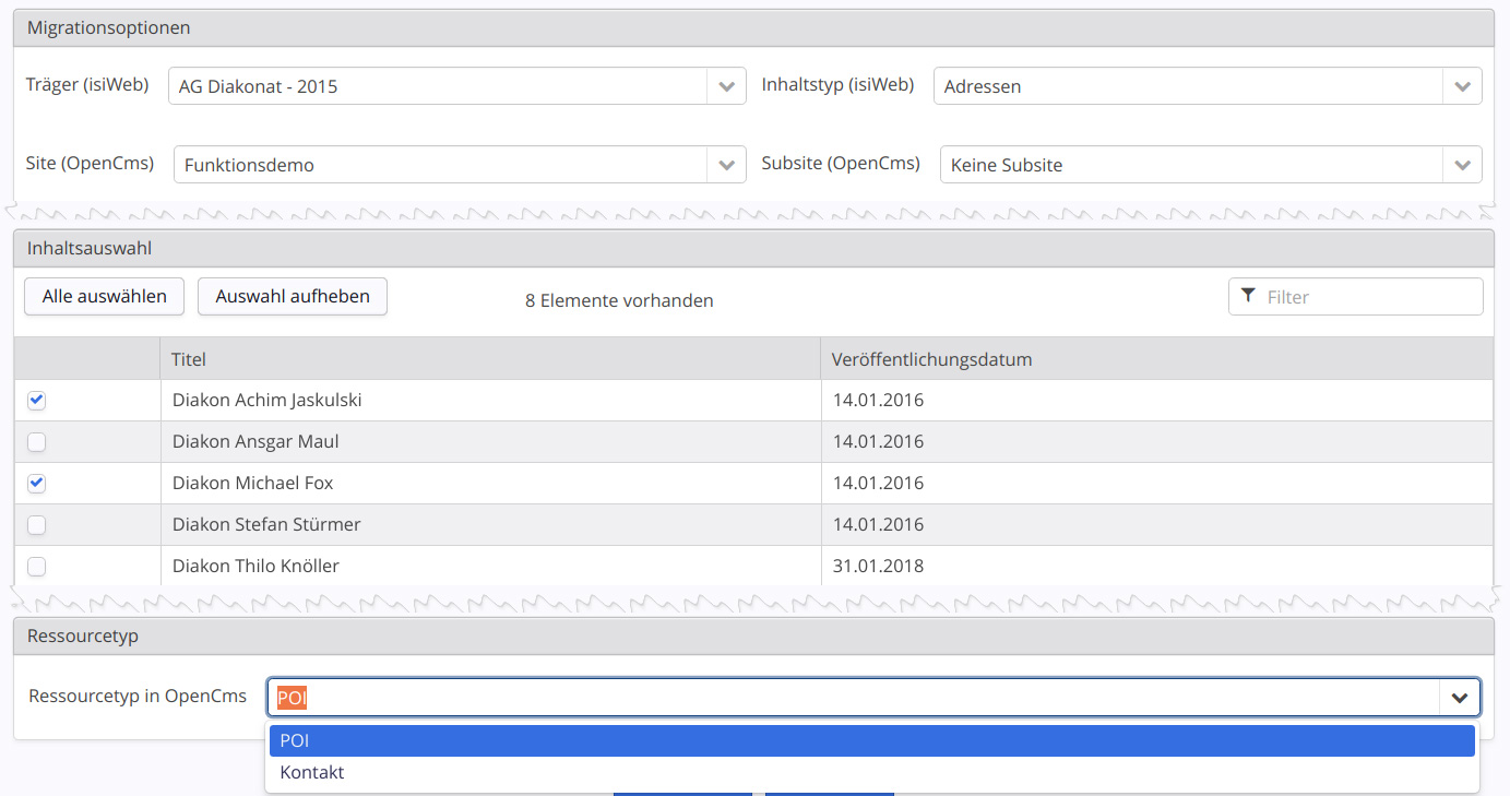 Auswahl-Dialog für die Migration in POIs